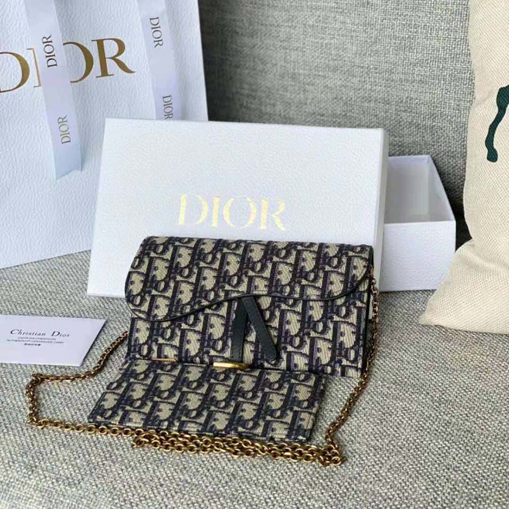 Close-up of silver chain and Dior Oblique jacquard detail on wallet