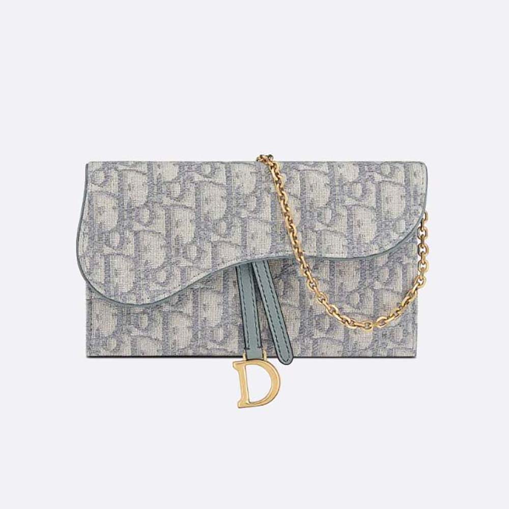 Front view of Dior Women Long Saddle Wallet with Chain Gray Dior Oblique Jacquard