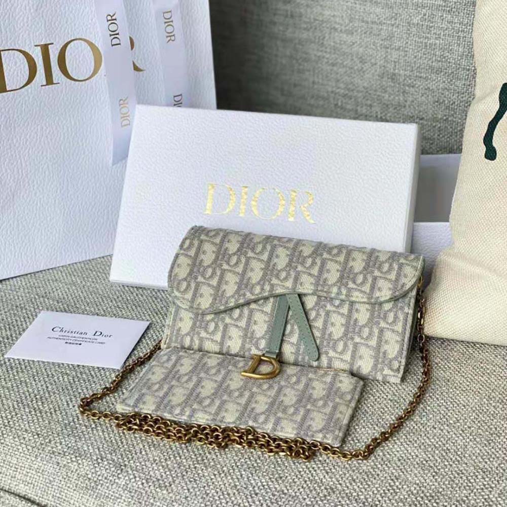 Close-up of silver chain and signature saddle detail on Dior wallet