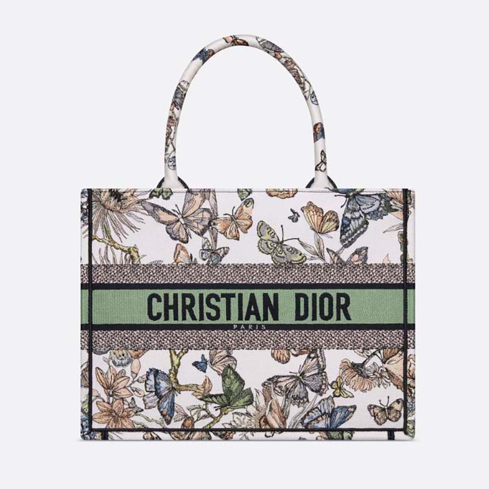 Front view of Dior Women Medium Dior Book Tote White Multicolor Toile de Jouy Mexico Embroidery