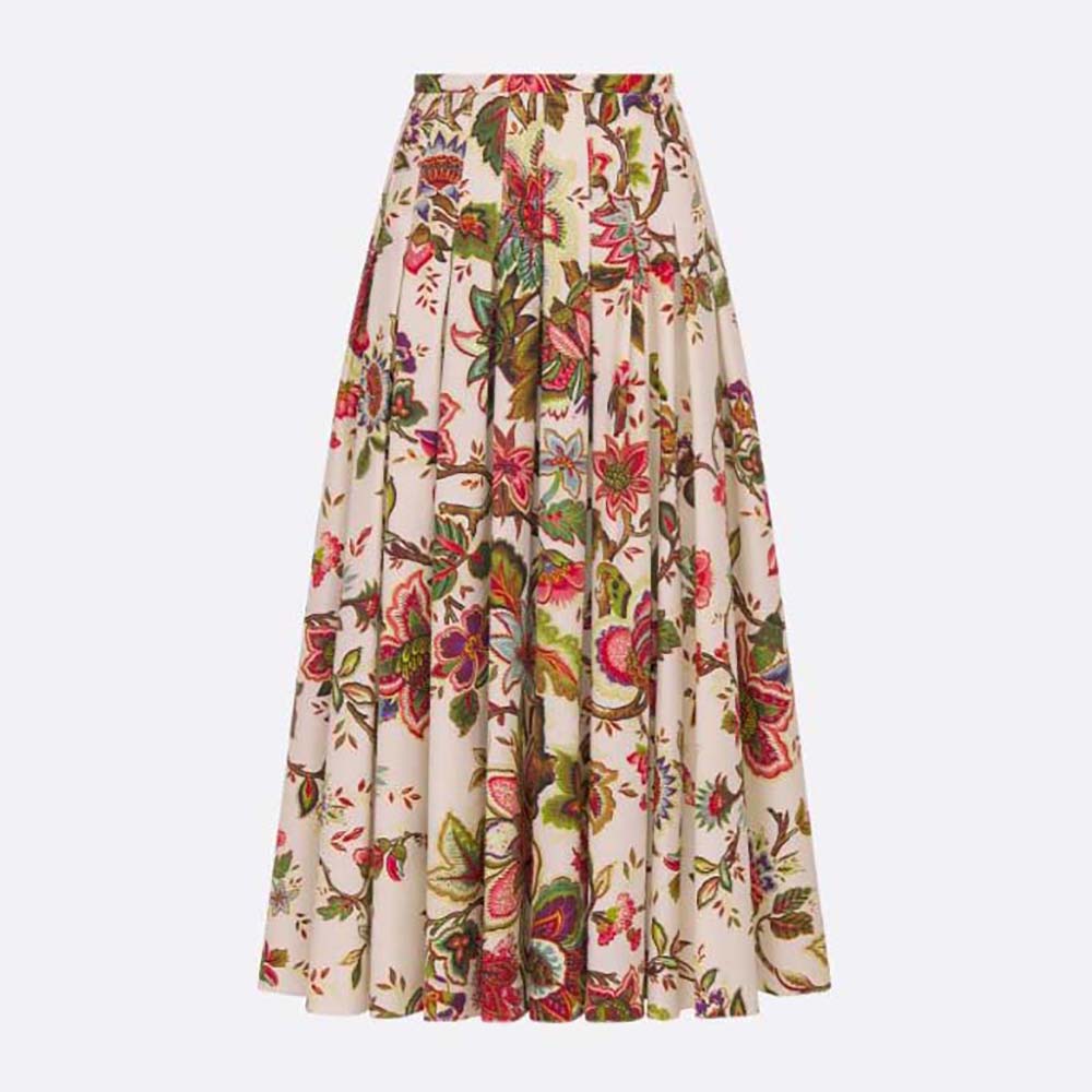 Front view of Dior Women Mid-length Pleated Skirt Multicolor Cotton and Silk Poplin