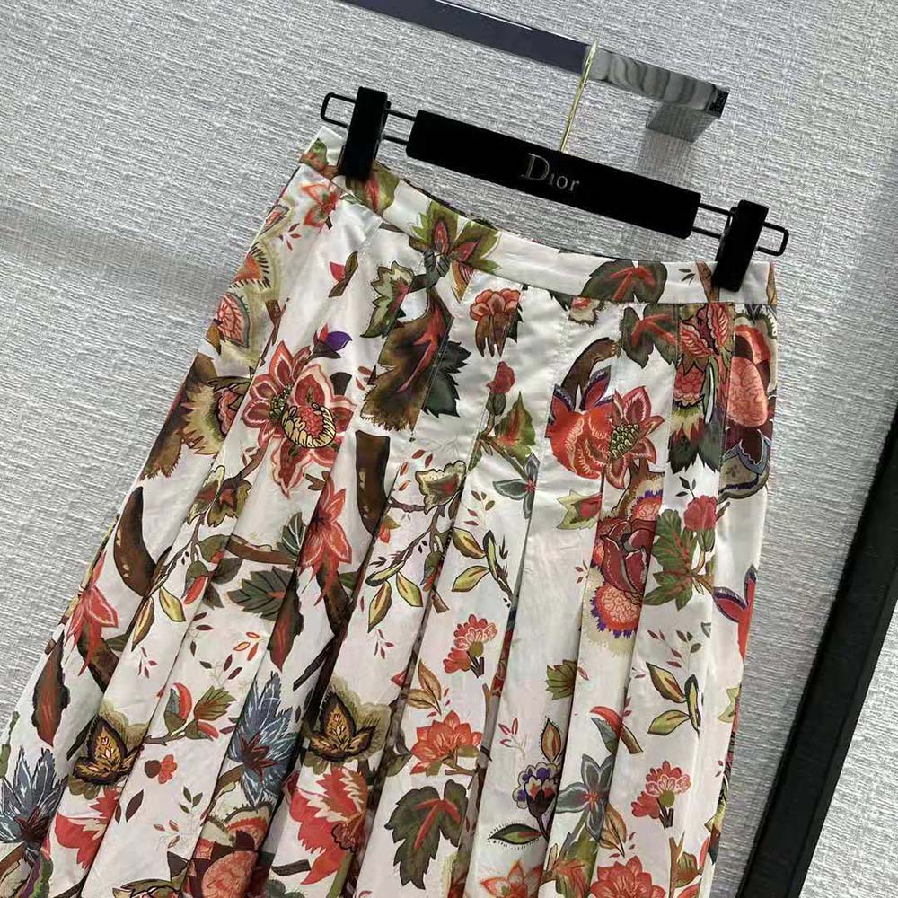 Dior Women Mid-length Pleated Skirt Multicolor Cotton and Silk Poplin with Albero Della Vita Motif - image 4
