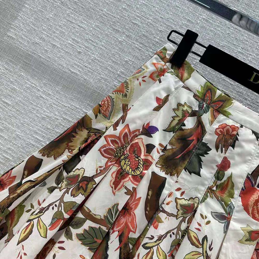 Dior Women Mid-length Pleated Skirt Multicolor Cotton and Silk Poplin with Albero Della Vita Motif - image 5