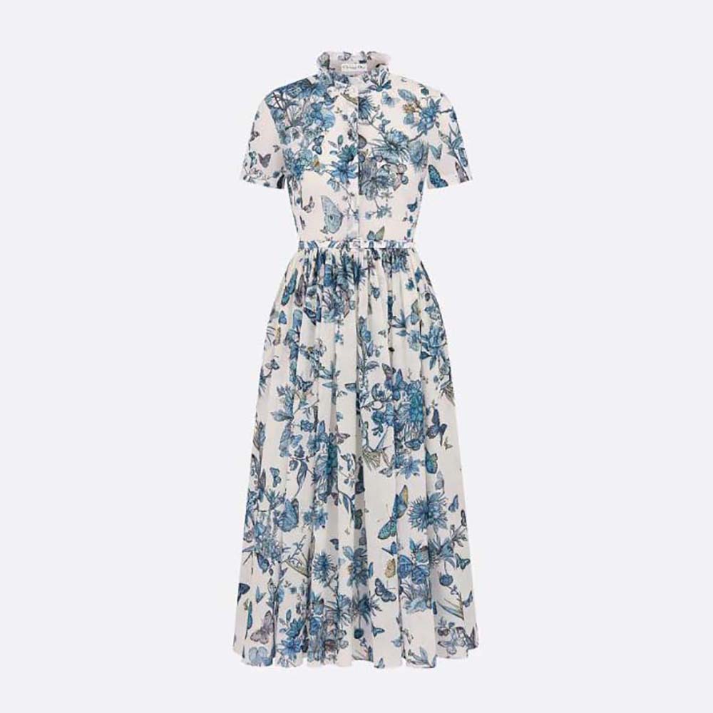 Front view of Dior Women Mid-length Shirt Dress White and Pastel Midnight Blue Cotton Voile