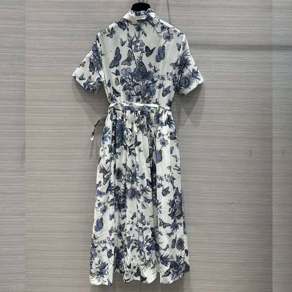 Side angle showing silhouette of Dior Women Mid-length Shirt Dress in blue and white