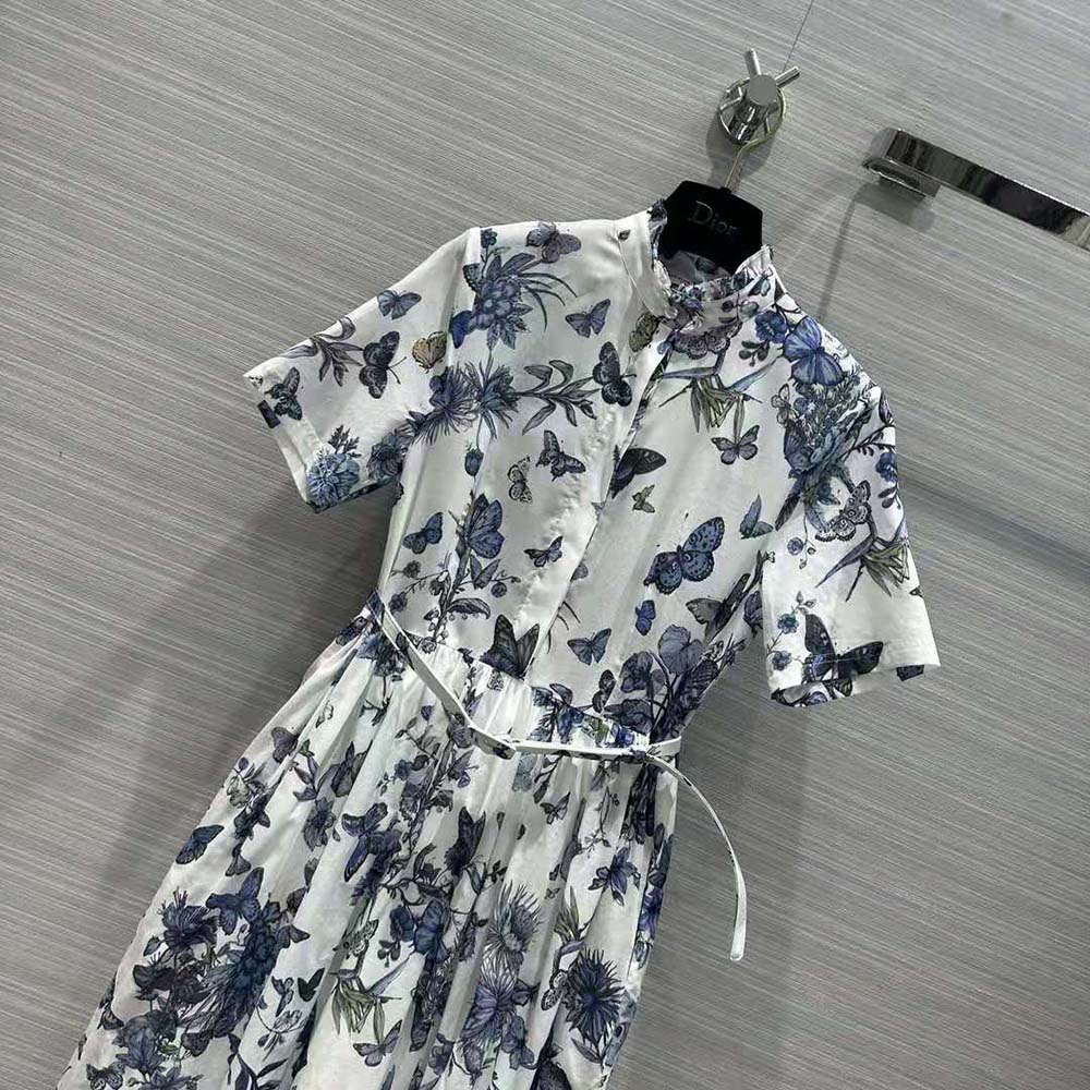 Dior Women Mid-length Shirt Dress White and Pastel Midnight Blue Cotton Voile - image 4
