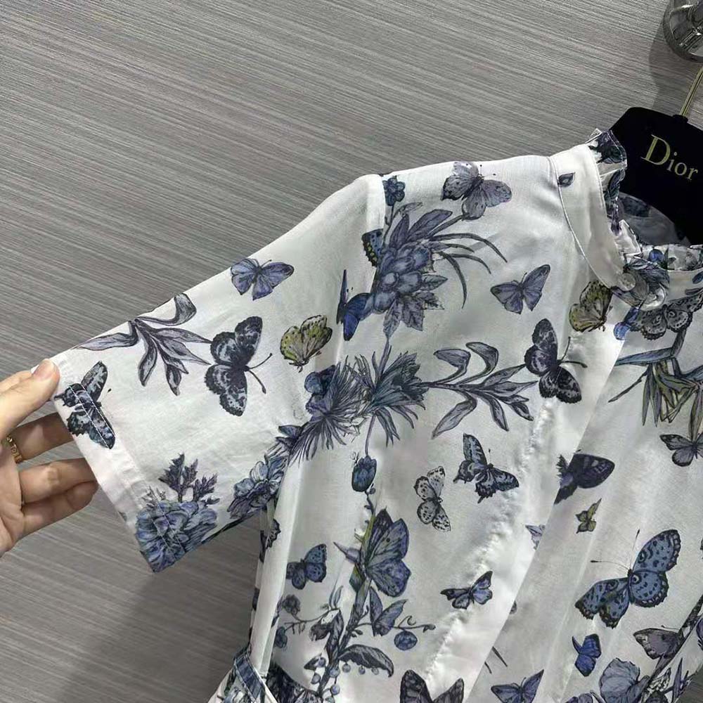 Dior Women Mid-length Shirt Dress White and Pastel Midnight Blue Cotton Voile - image 9