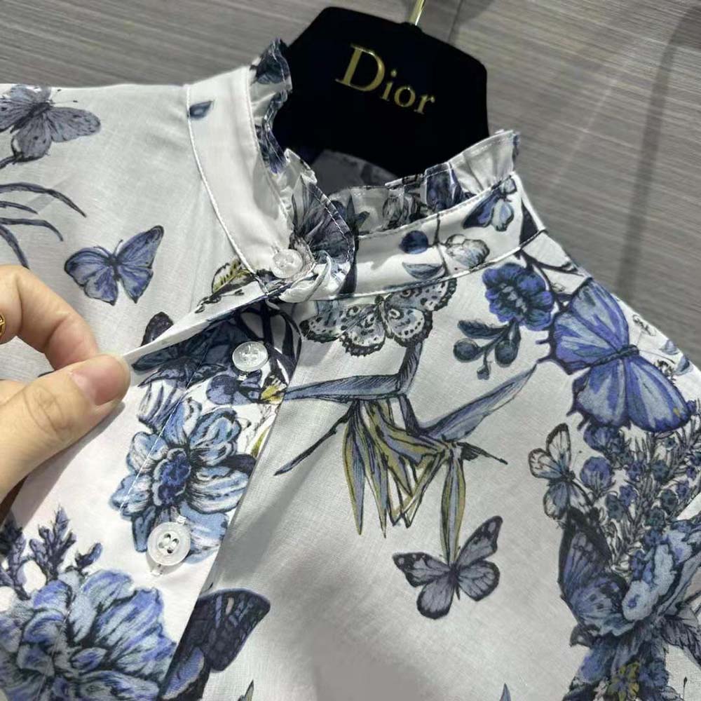 Dior Women Mid-length Shirt Dress White and Pastel Midnight Blue Cotton Voile - image 8