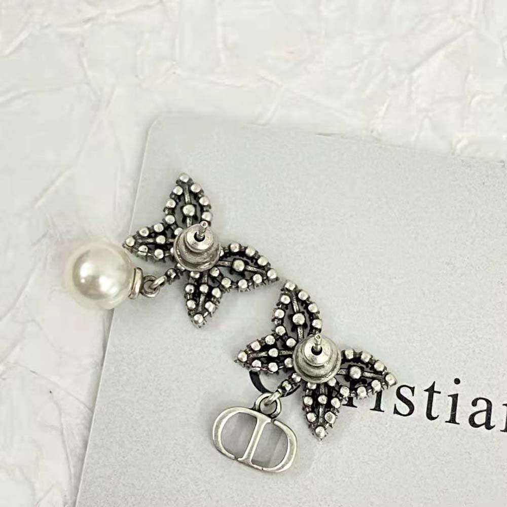Dior Women Papillon De Nuit Earrings Antique Silver-Finish Metal with White Resin Pearl - image 7