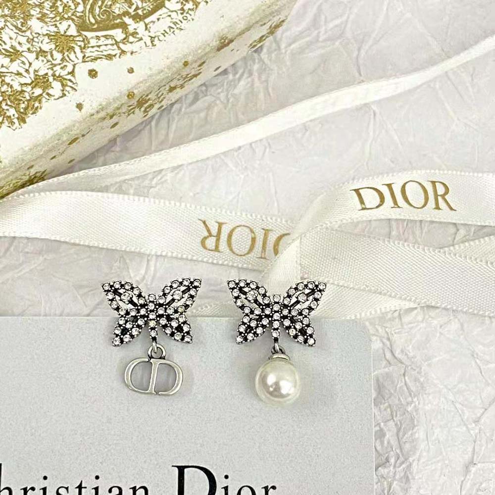 Dior Women Papillon De Nuit Earrings Antique Silver-Finish Metal with White Resin Pearl - image 6