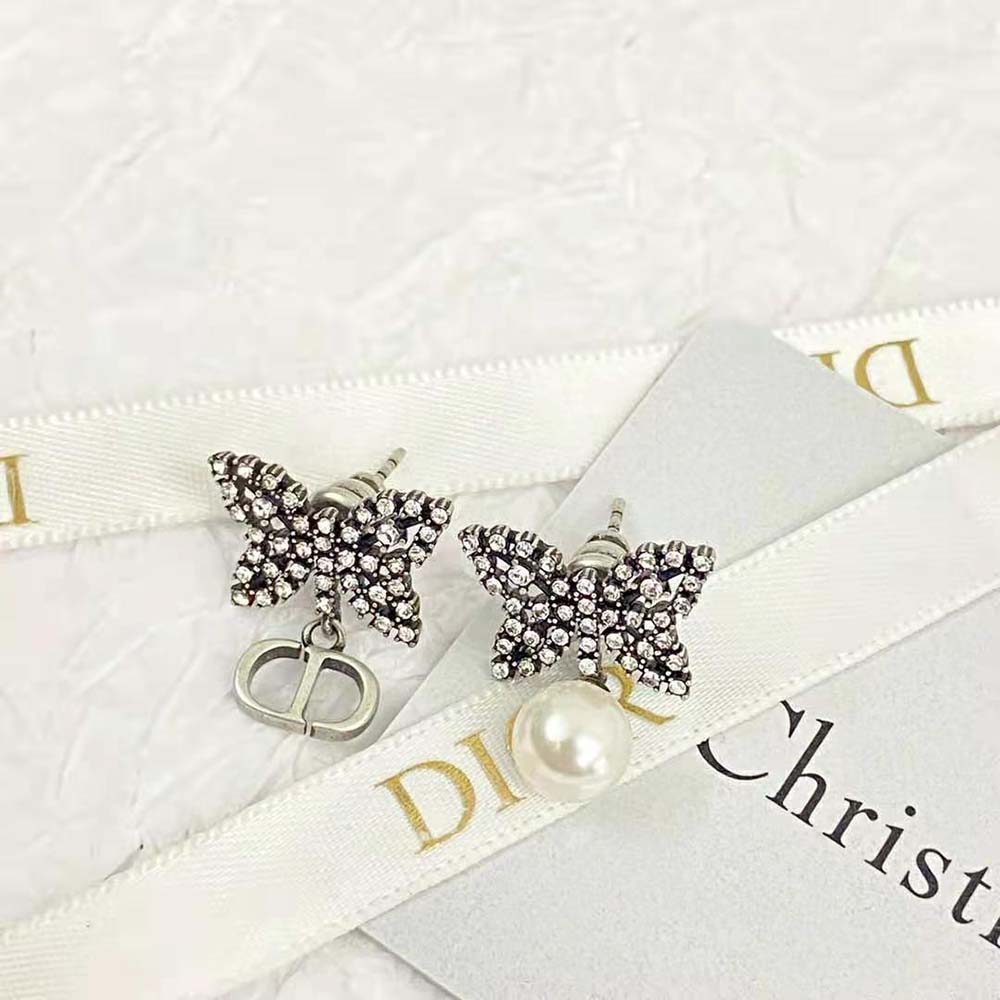 Dior Women Papillon De Nuit Earrings Antique Silver-Finish Metal with White Resin Pearl - image 4