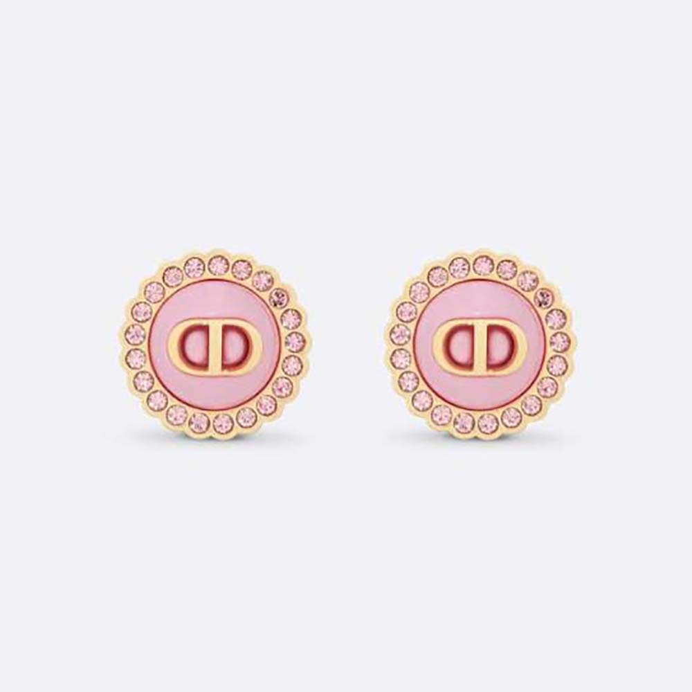 Close-up front view of Dior Women Petit CD Stud Earrings with pink crystals