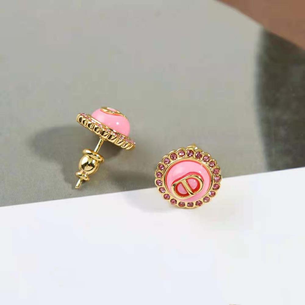 Dior Women Petit CD Stud Earrings Gold-Finish Metal Pink Crystals and Light Pink Glass - image 6