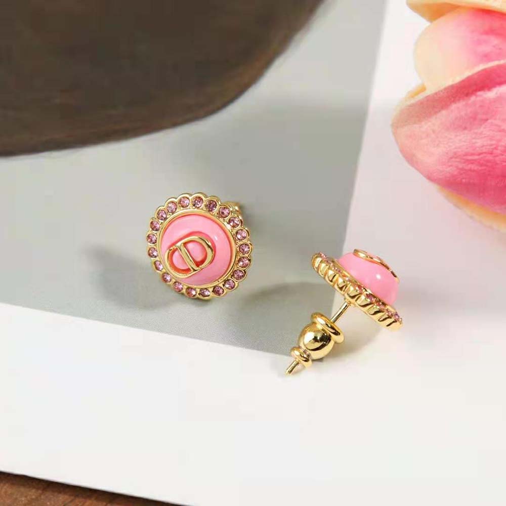 Dior Women Petit CD Stud Earrings Gold-Finish Metal Pink Crystals and Light Pink Glass - image 5