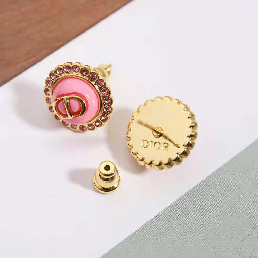 Dior Women Petit CD Stud Earrings Gold-Finish Metal Pink Crystals and Light Pink Glass - image 7