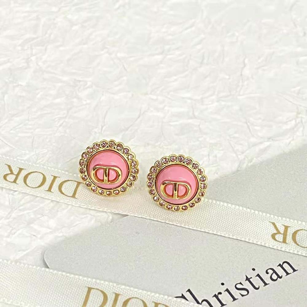 Dior Women Petit CD Stud Earrings Gold-Finish Metal Pink Crystals and Light Pink Glass - image 4