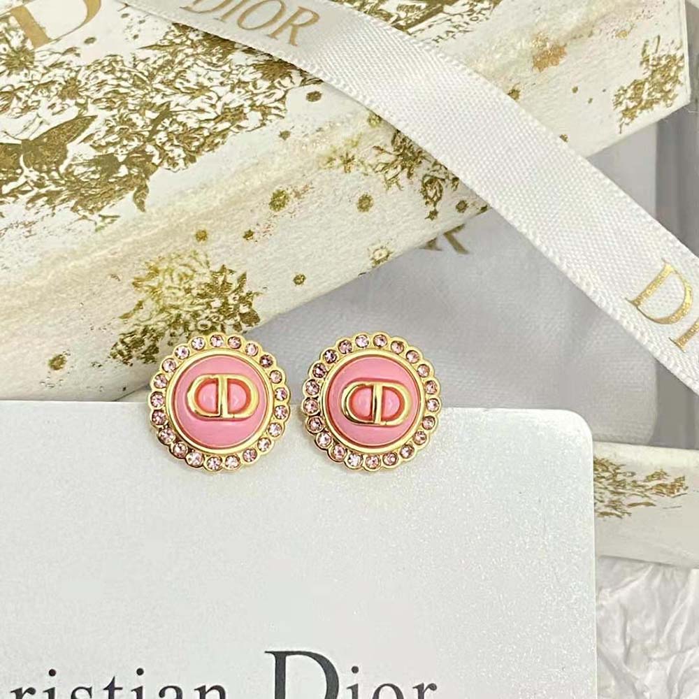 Dior Women Petit CD Stud Earrings Gold-Finish Metal Pink Crystals and Light Pink Glass - image 10
