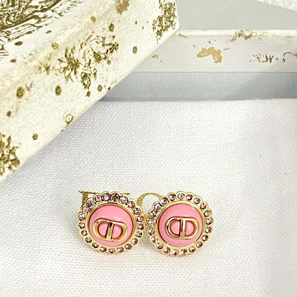 Dior Women Petit CD Stud Earrings Gold-Finish Metal Pink Crystals and Light Pink Glass - image 9