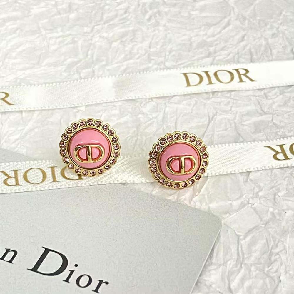 Dior Women Petit CD Stud Earrings Gold-Finish Metal Pink Crystals and Light Pink Glass - image 8