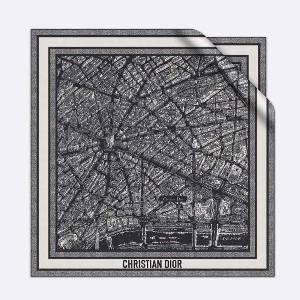 Front view of Dior Women Plan De Paris 90 Square Scarf black and white silk twill