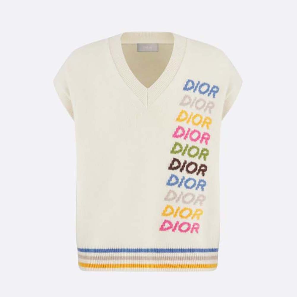 Front view of Dior Men Sleeveless Sweater Beige Wool and Cashmere Intarsia