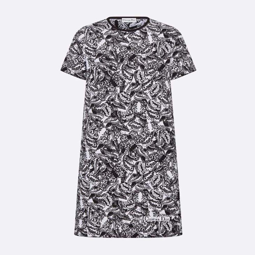 Front view of Dior Women Straight Dress Black and White Technical Jacquard with Butterfly Motif