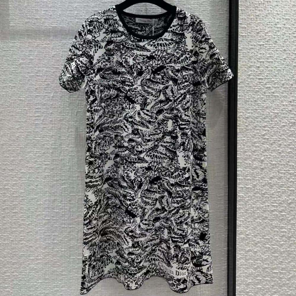 Close-up detail showing butterfly motif on Dior Women Straight Dress in black and white