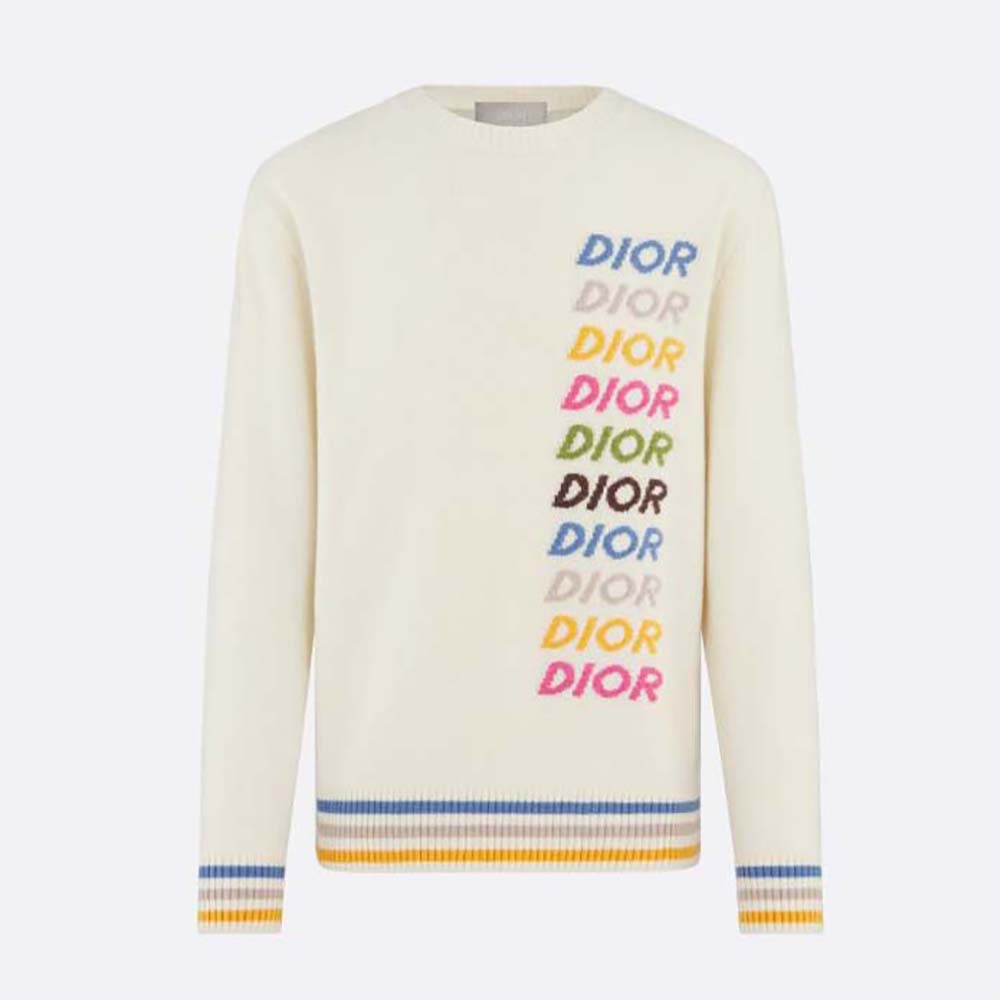 Front view of Dior Men Sweater Beige Wool and Cashmere Intarsia