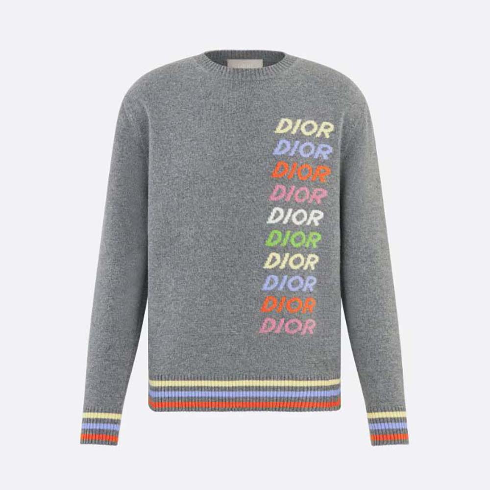 Front view of Dior Men Sweater Gray Wool and Cashmere Intarsia