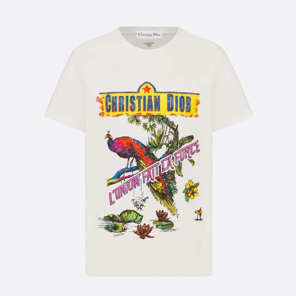 Front view of Dior Men T-shirt White Cotton and Linen Jersey with Peacock Motif