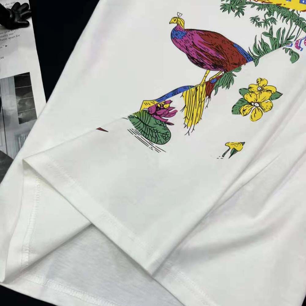 Dior Men T-shirt White Cotton and Linen Jersey with Multicolor Indian Animals Peacock Motif - image 7