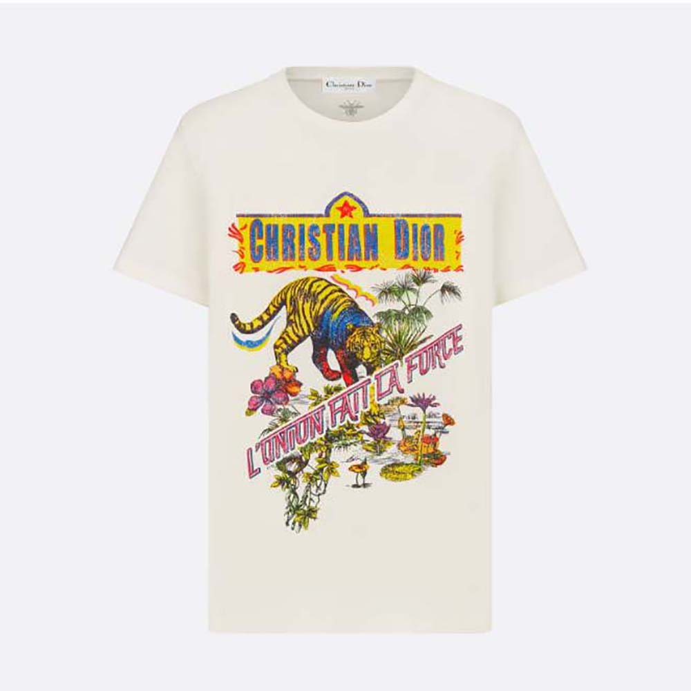 Front view of Dior Women T-shirt White Cotton and Linen Jersey with tiger motif