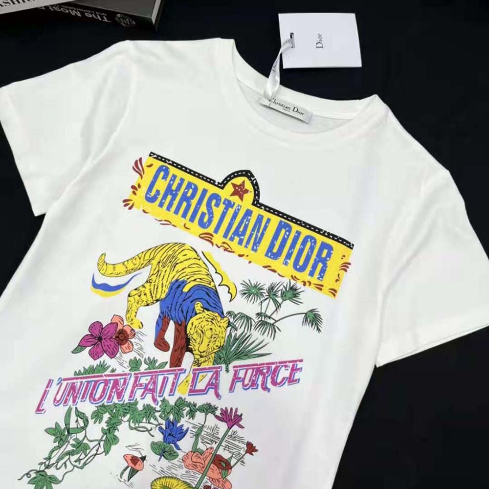 Dior Women T-shirt White Cotton and Linen Jersey with Multicolor Indian Animals Tiger Motif - image 4