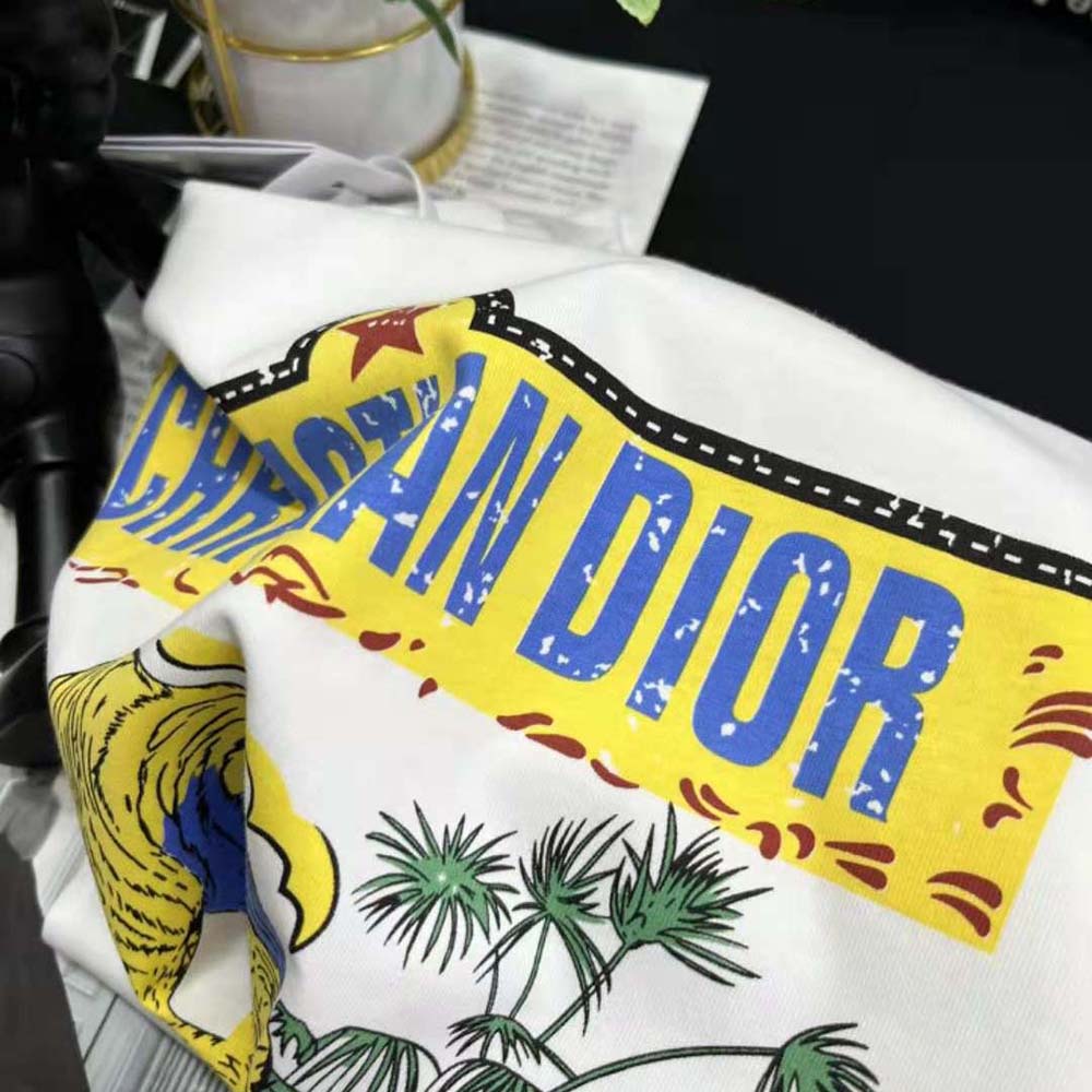 Dior Women T-shirt White Cotton and Linen Jersey with Multicolor Indian Animals Tiger Motif - image 6