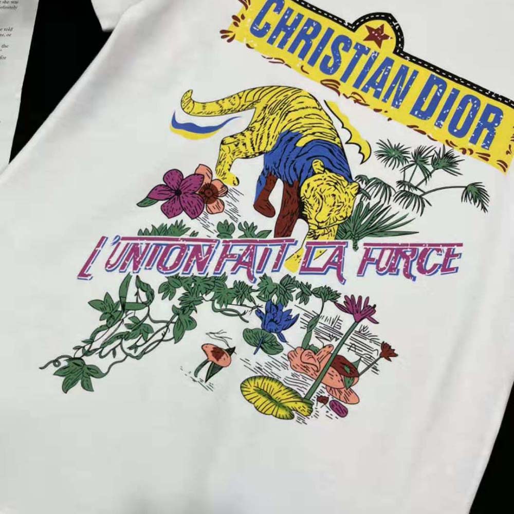 Dior Women T-shirt White Cotton and Linen Jersey with Multicolor Indian Animals Tiger Motif - image 5