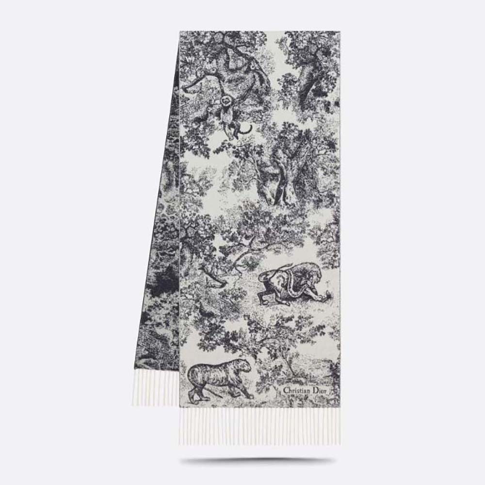 Close-up of Dior Women Toile De Jouy Sauvage Scarf navy blue print