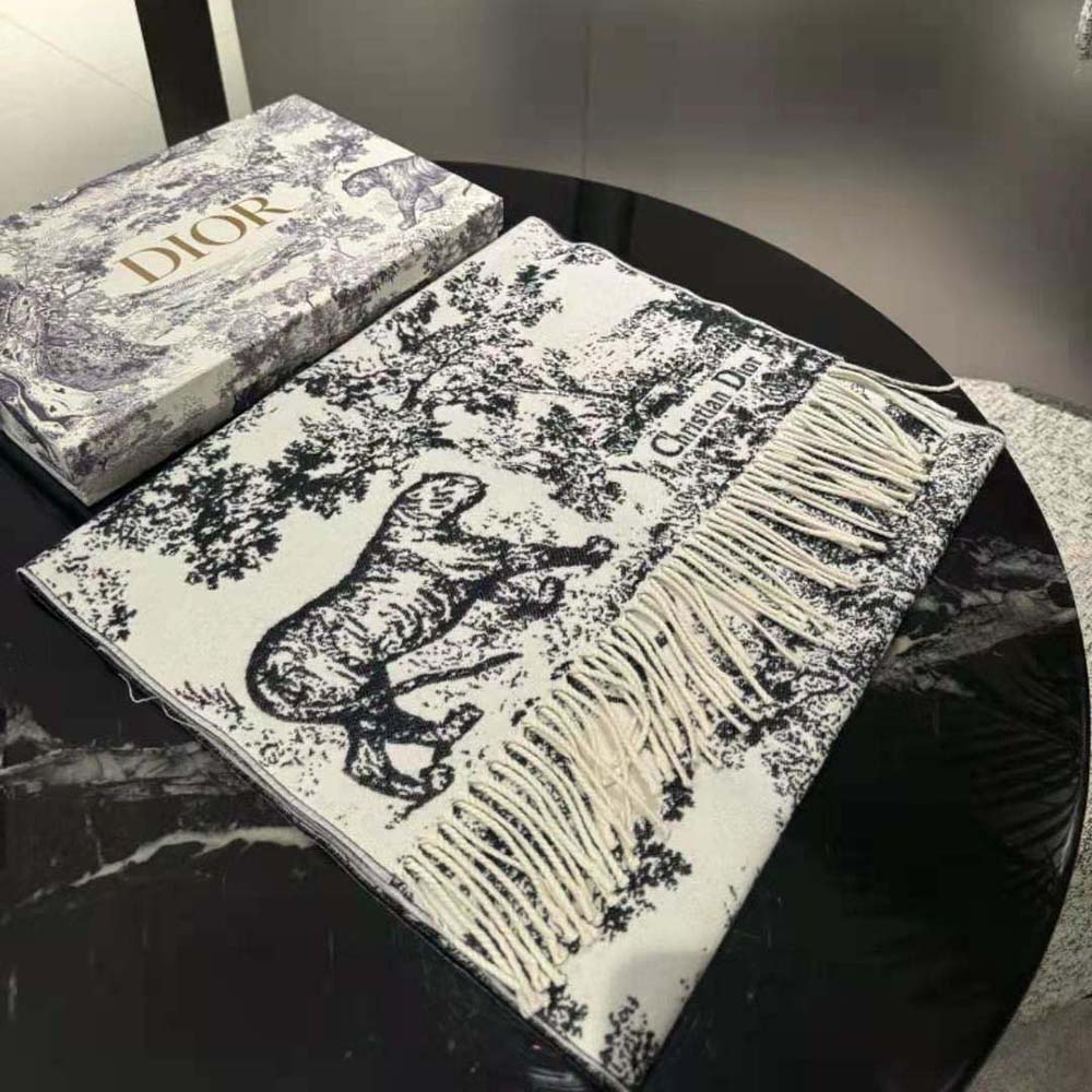 Dior Women Toile De Jouy Sauvage Scarf draped over shoulder angled view