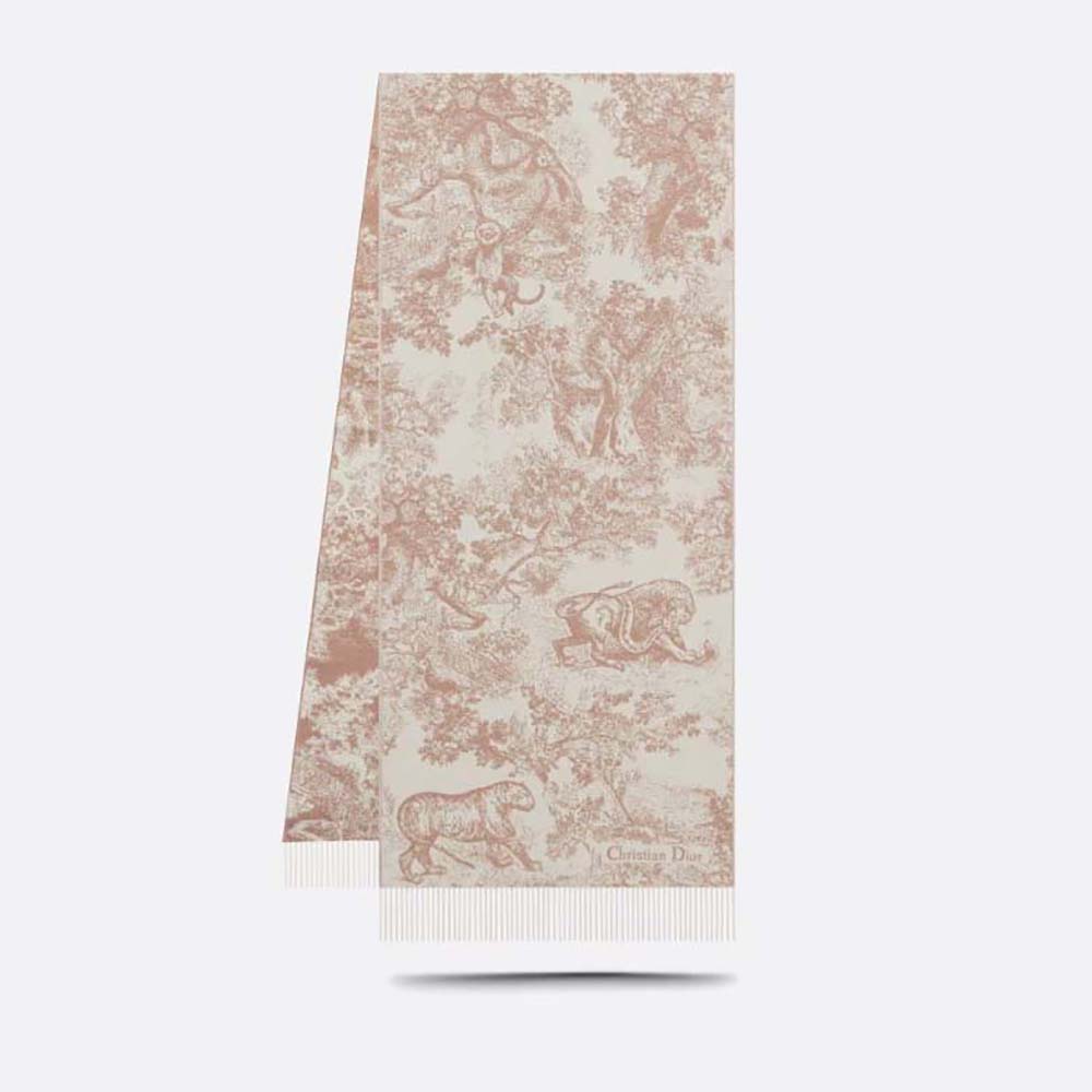 Close-up of Dior Women Toile De Jouy Sauvage Scarf Rose Des Vents Cashmere and Wool fabric