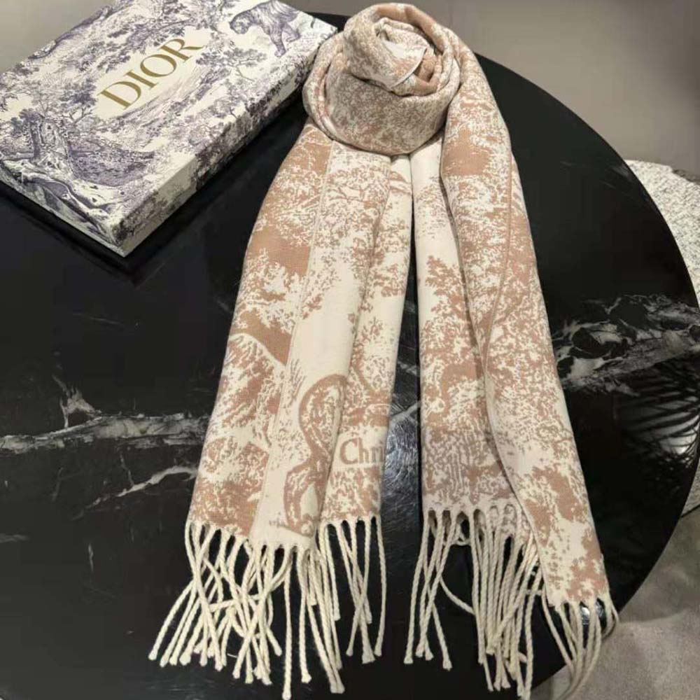 Dior Women Toile De Jouy Sauvage Scarf Rose Des Vents draped elegantly over shoulders