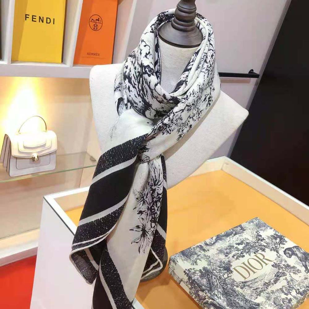 Close-up of Dior Women Toile De Jouy Voyage 90 Square Scarf signature pattern