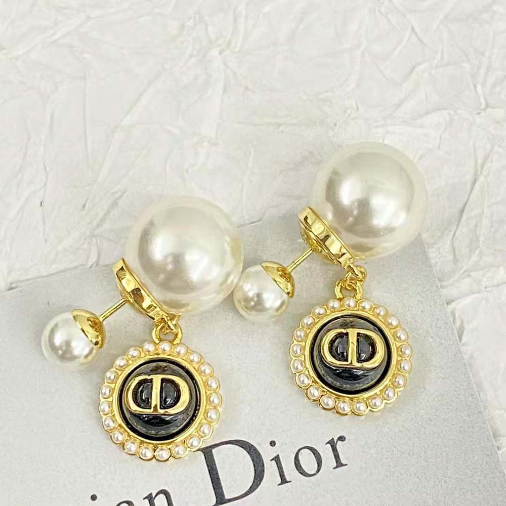 Dior Women Tribales Earrings Gold-Finish Metal with White Resin Pearls and Black Glass - image 5