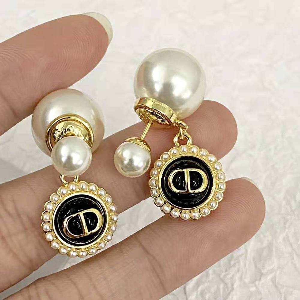 Dior Women Tribales Earrings Gold-Finish Metal with White Resin Pearls and Black Glass - image 7