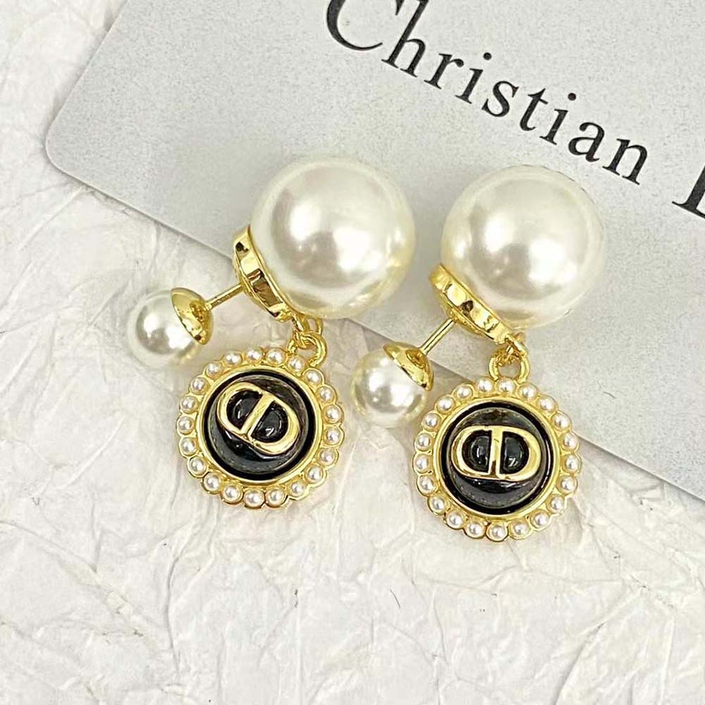 Dior Women Tribales Earrings Gold-Finish Metal with White Resin Pearls and Black Glass - image 4