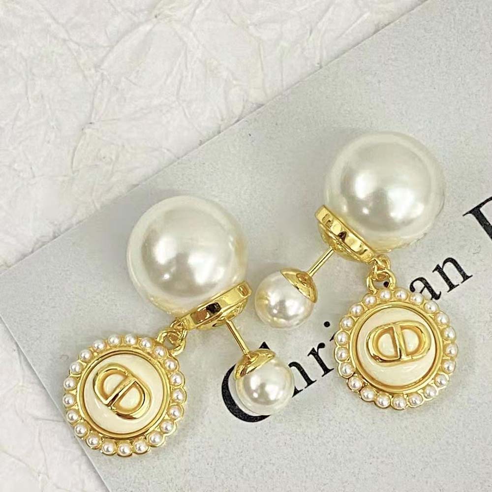 Dior Women Tribales Earrings Gold-Finish Metal with White Resin Pearls and Latte Glass - image 4