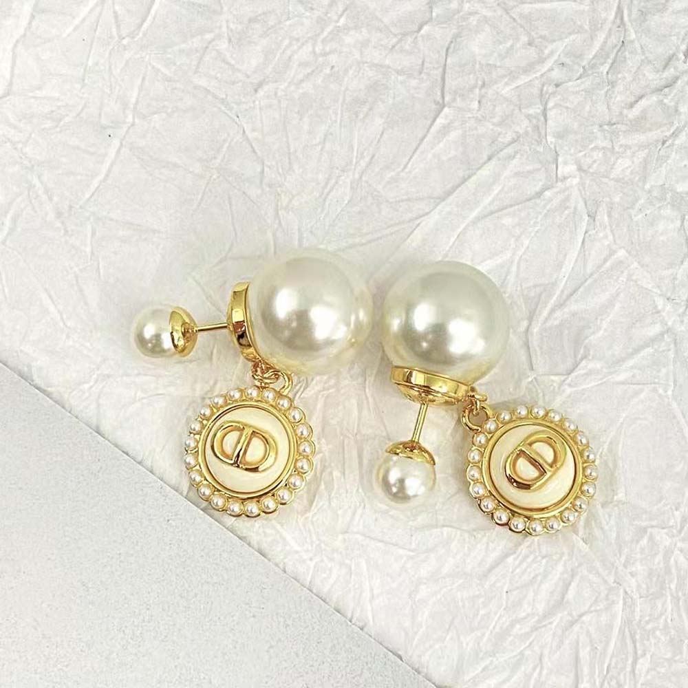 Dior Women Tribales Earrings Gold-Finish Metal with White Resin Pearls and Latte Glass - image 5