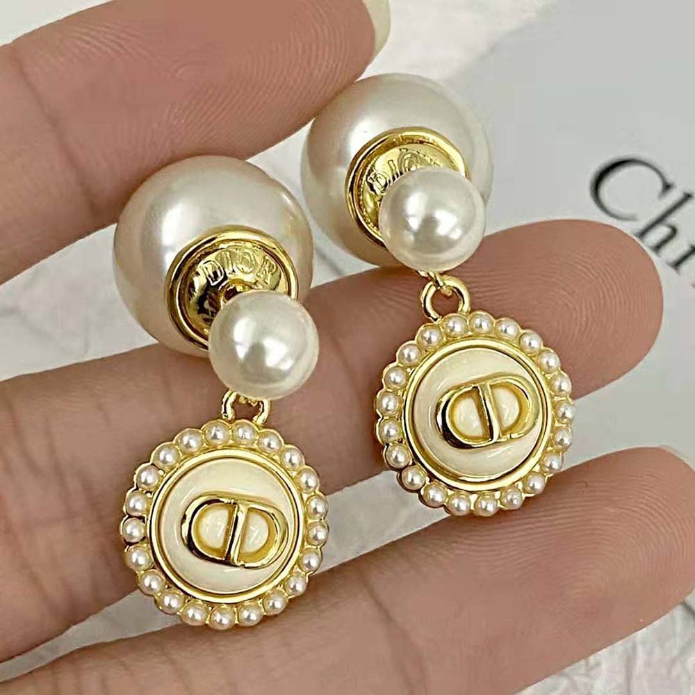 Dior Women Tribales Earrings Gold-Finish Metal with White Resin Pearls and Latte Glass - image 7
