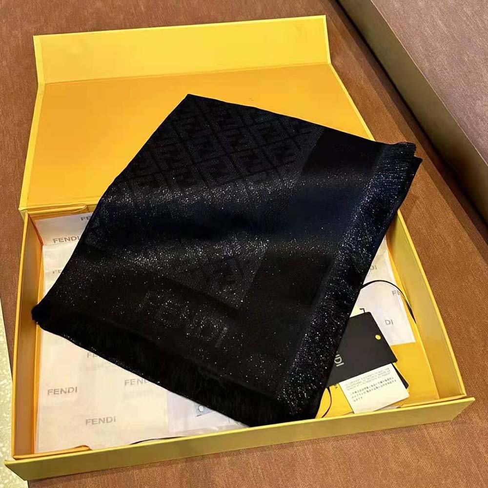 Styled drape of Fendi Unisex FF Shawl Black Lurex over shoulders