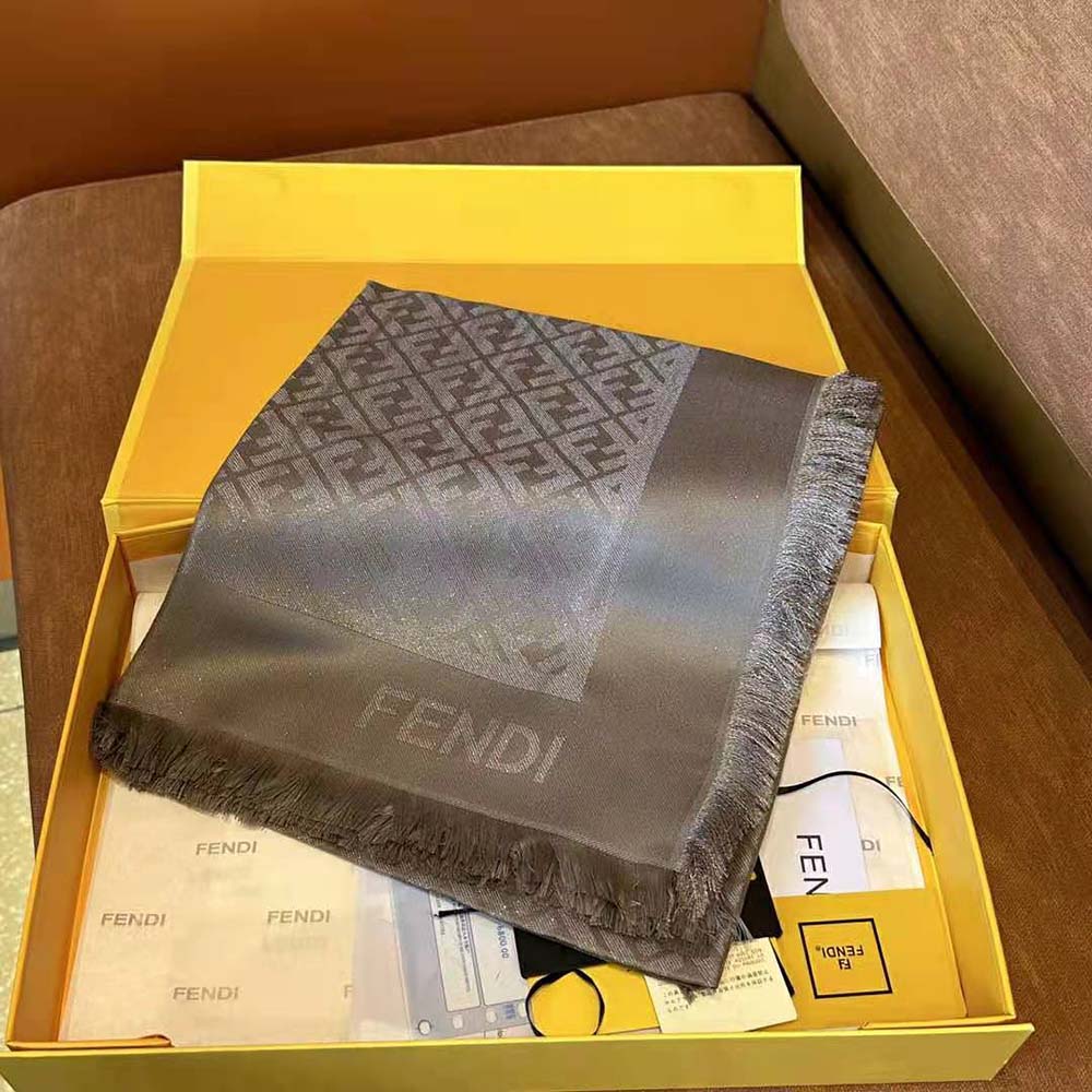 Folded Fendi Unisex FF Shawl Dove Gray Lurex showing logo detail