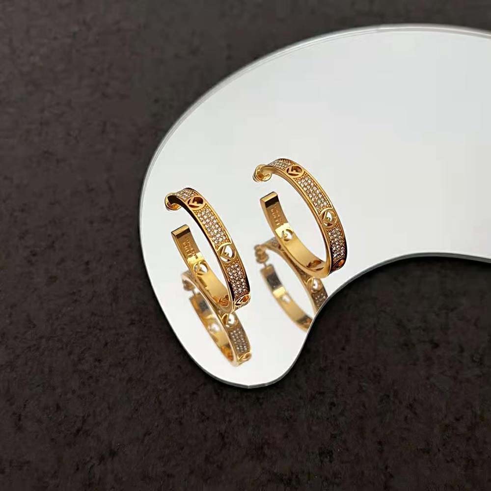 Side angle of Fendi Women F Is Fendi Earrings Gold-coloured on white background