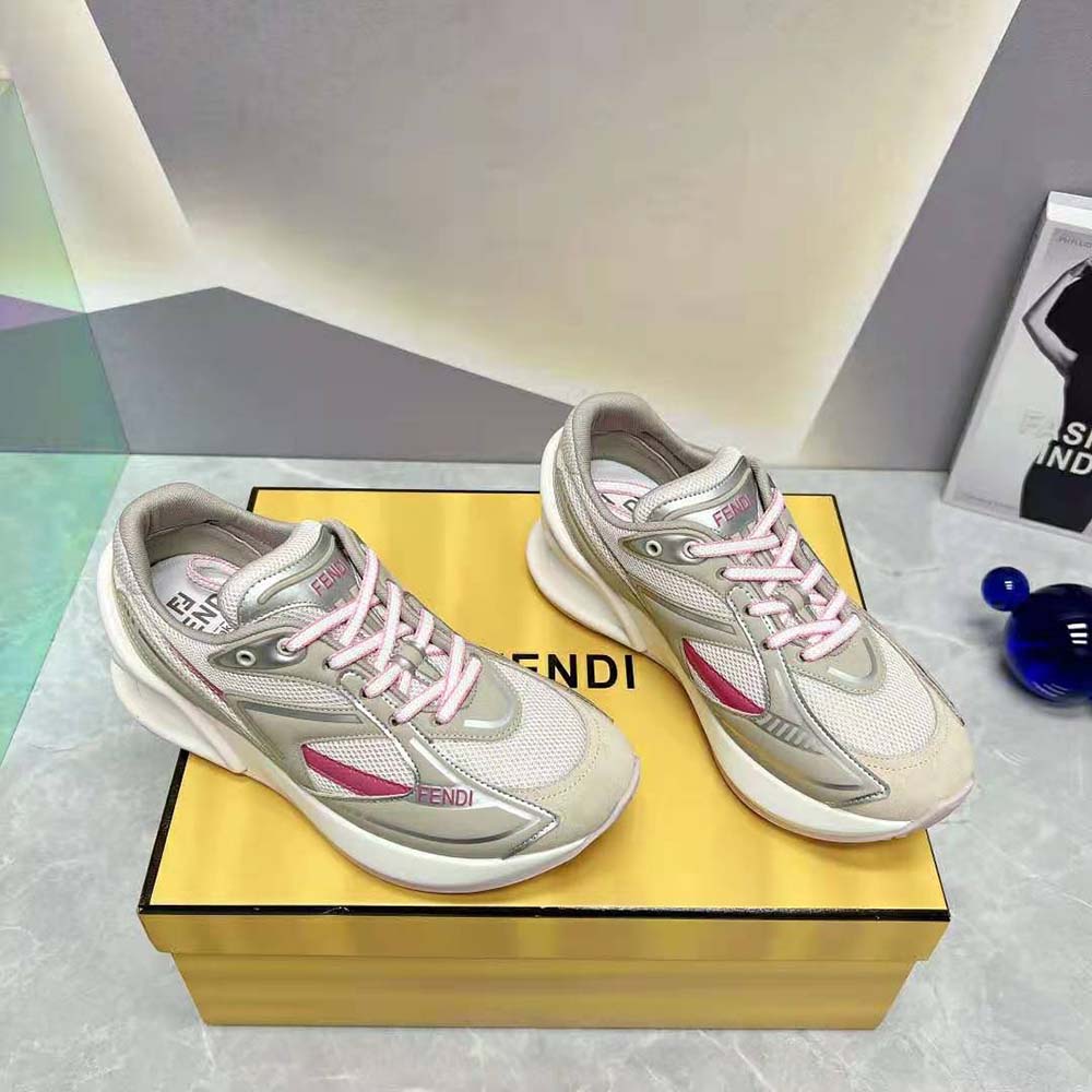 Top angle of Fendi Women First 1 Beige Fabric Running Shoes detailing lace-up